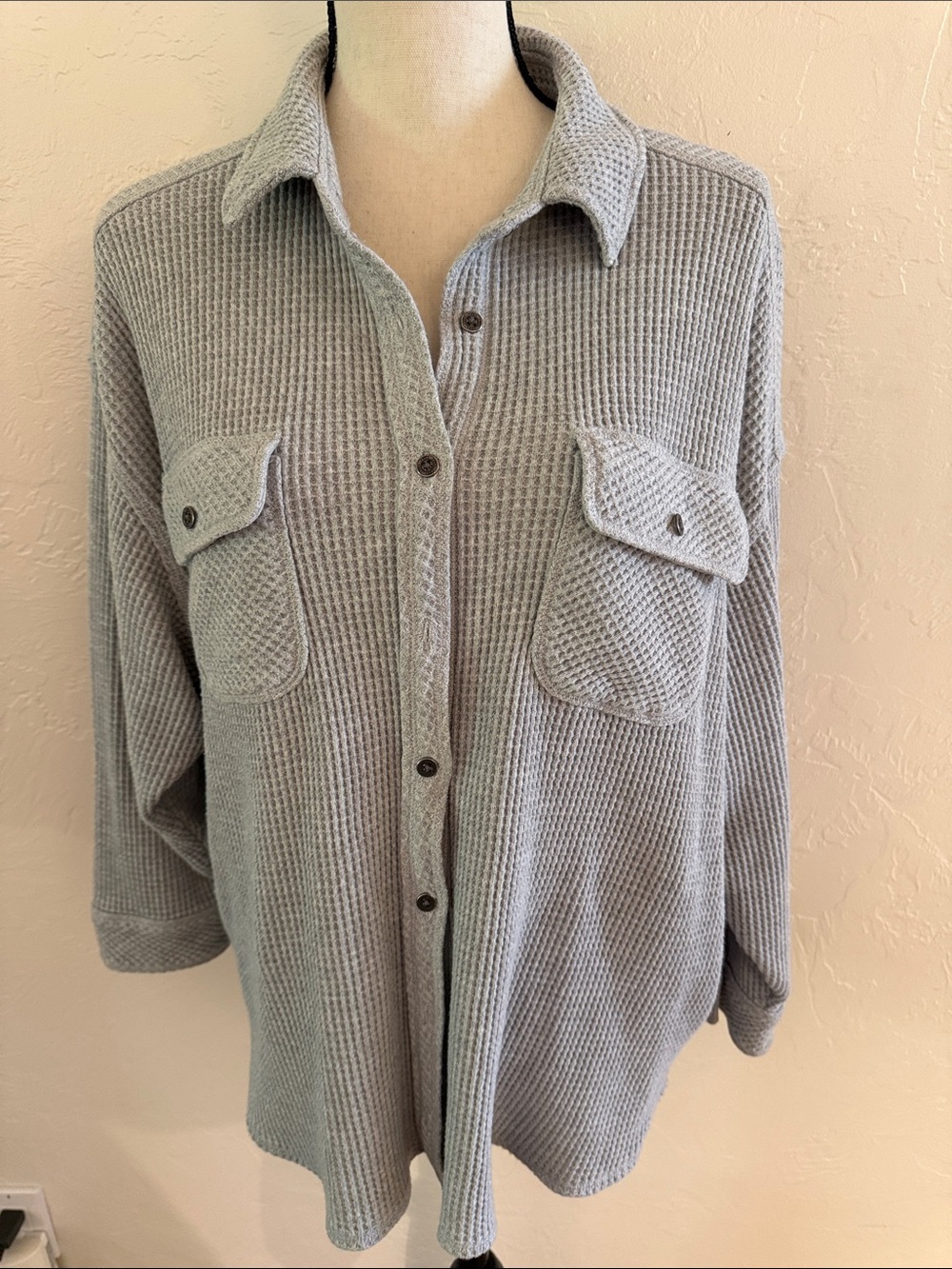 aerie Light Gray Waffle Knit Button-Up Cardigan Shirt